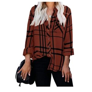 NEW Long Sleeve V-Neck Stripes Plaid Casual Blouses Pocket Button Down Shirt